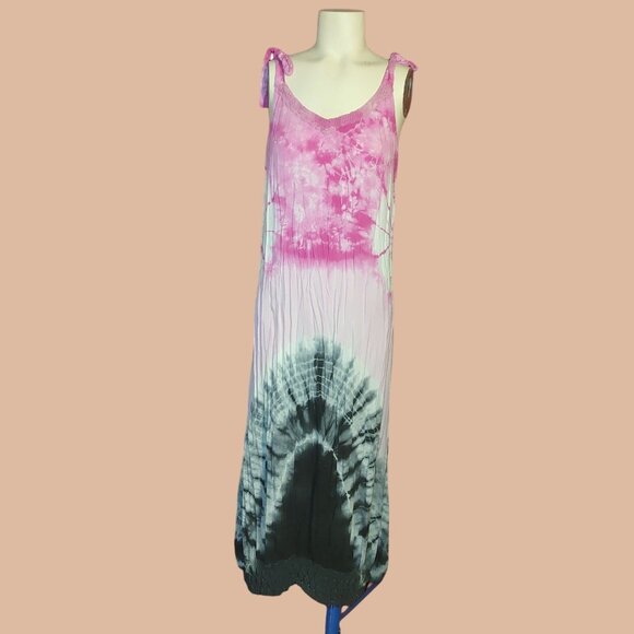 Boho Daze Large Sleeveless Long Dress Gauze Tie Dye Rayon India Pink White Black - Picture 1 of 5
